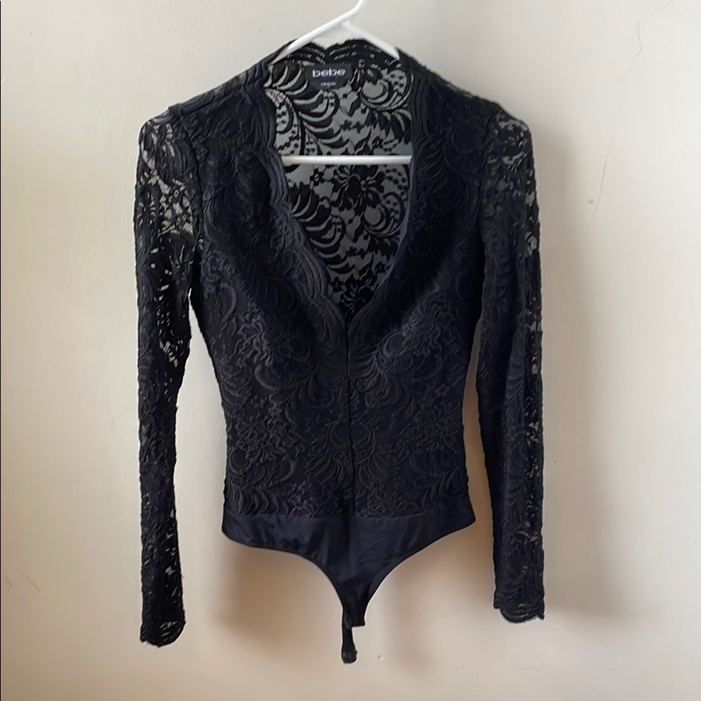 Bebe XS Delicate Black Lace Bodysuit Top